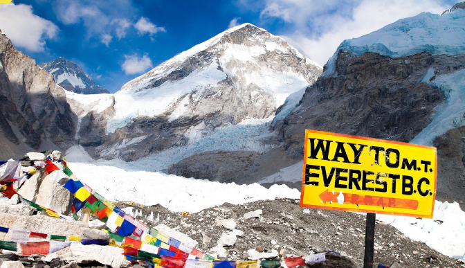 The iconic signboard marking the way to Everest Base Camp – an unforgettable start to the journey of a lifetime.