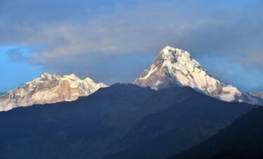 Majestic Annapurna Range glowing under the Himalayan sky – a breathtaking sight from the trekking trails of Nepal.